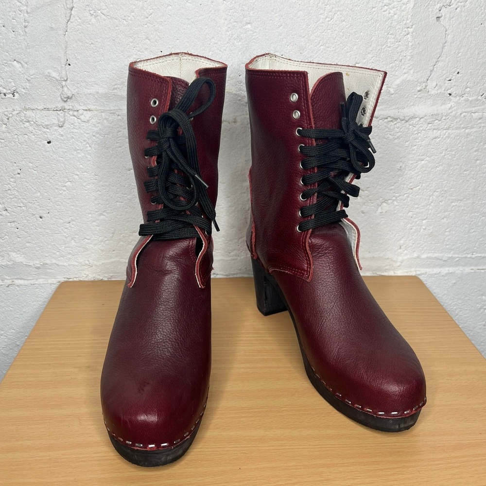 Maguba Sweden Women's Sidney Maroon Black Swedish Wood Clog Lace Up Boots Sz 42